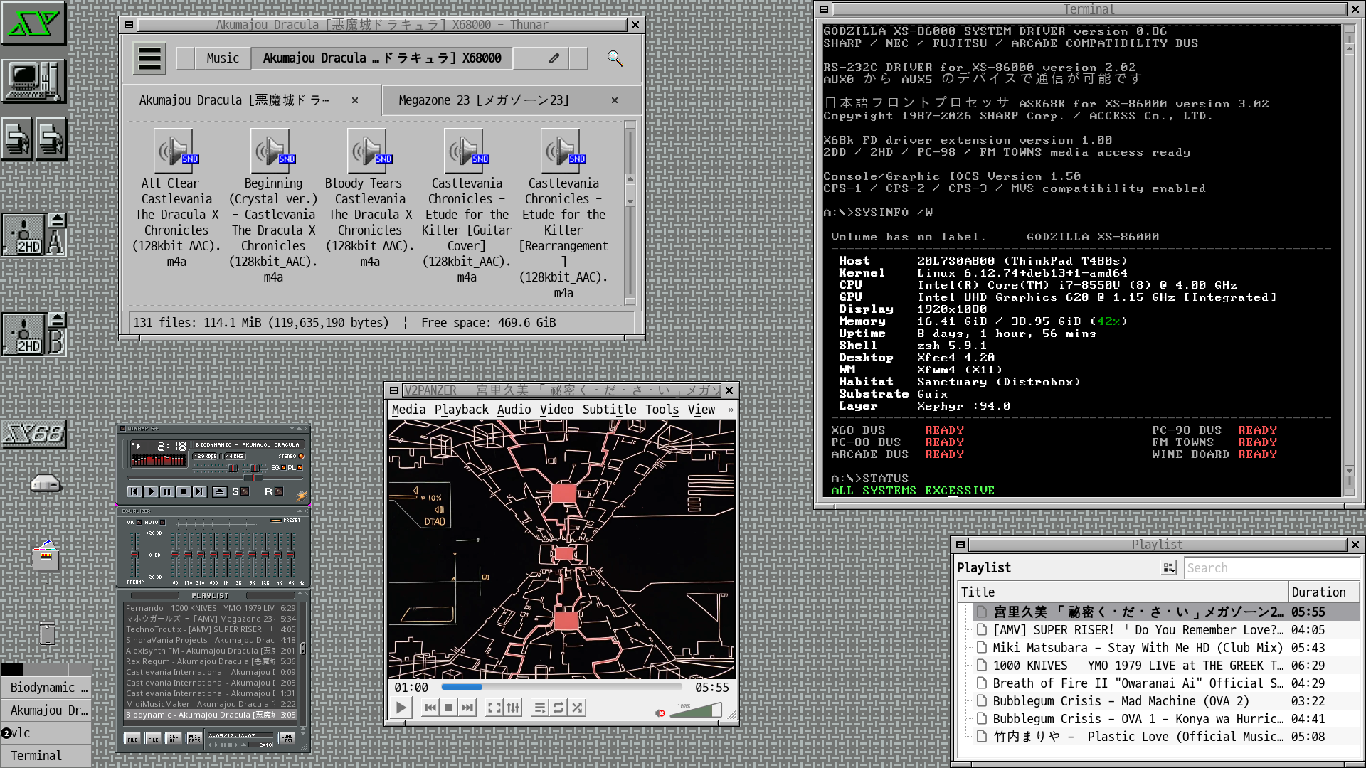 The Godzilla XS-86000 desktop as posted on r/unixporn — Winamp mid-track, Castlevania Chronicles in the music library, an AMV playing, and the system driver reporting all buses ready
